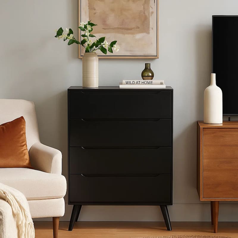 4- Drawer Wooden Chest With Round Tapered Legs, Black