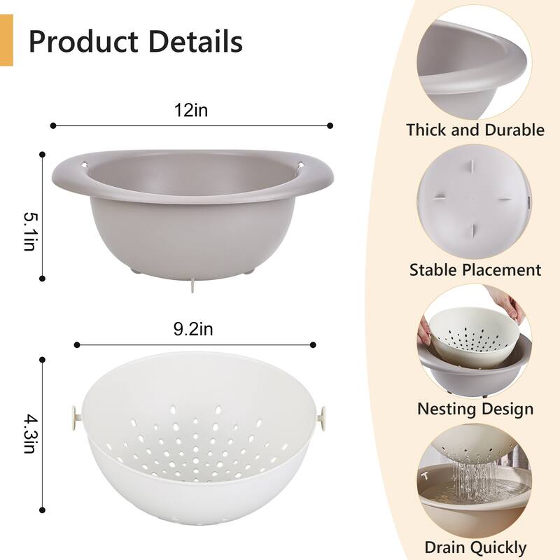 Round Kitchen Colander Set with Bowl Strainer, 2 in 1 BPA Free Plastic Fruit Vegetable Washing Food Strainers