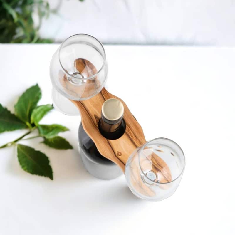 Olive wood wine bottle and 2 glasses holder