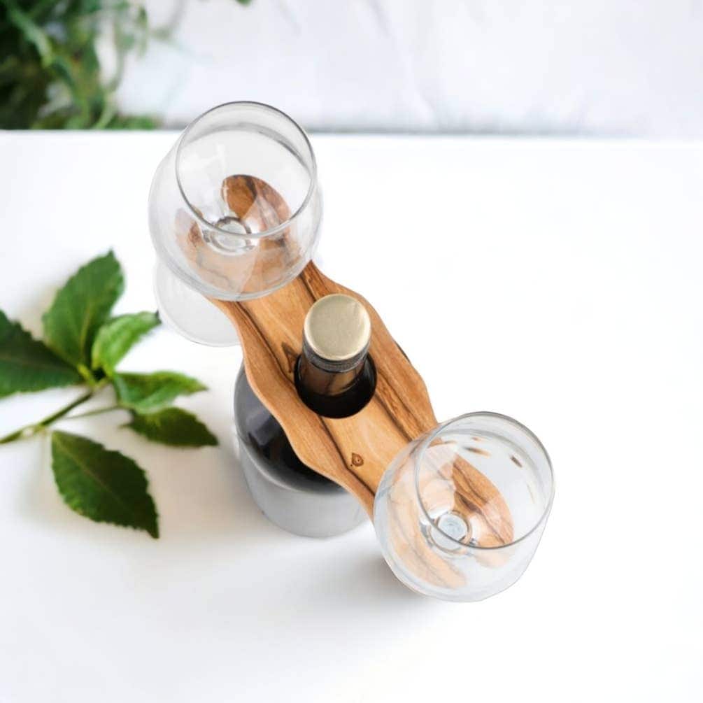 Olive wood wine bottle and 2 glasses holder