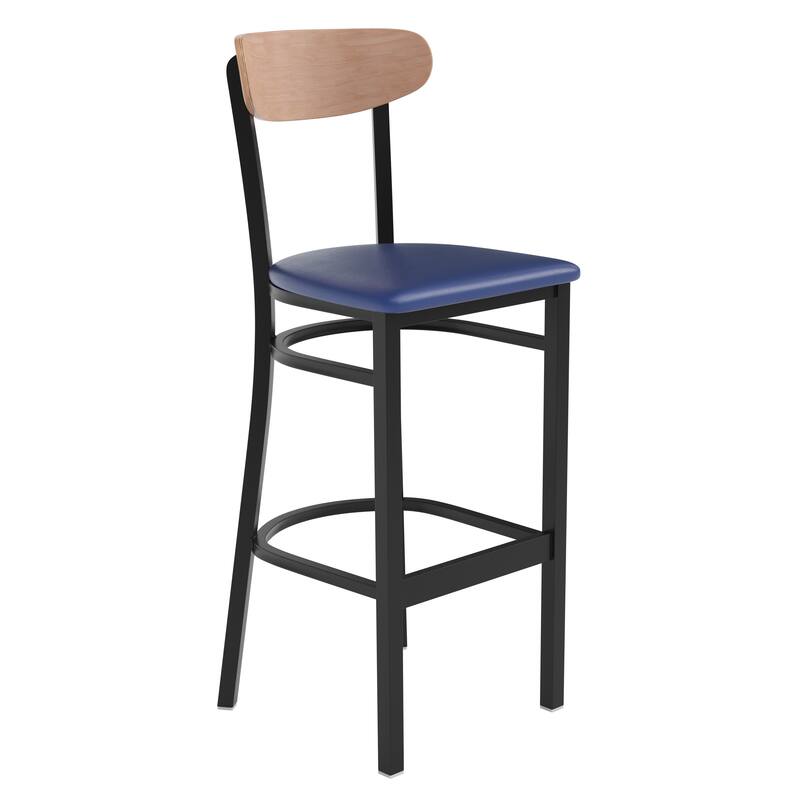 Commercial Metal Barstool with Wood Seat and Boomerang Back