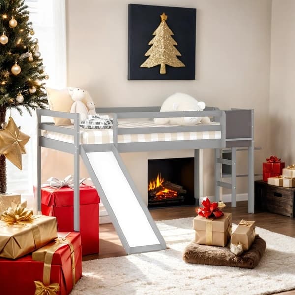 slide 2 of 10, Twin size Loft Bed Wood Bed with Slide, Stair and Chalkboard, Grey Grey