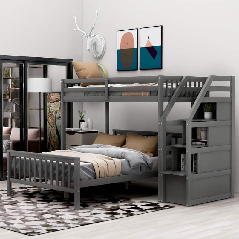 Twin Over Full Bunk Bed, Wood L-Shaped Bunk Beds with Storage Stairs,Bunk Bed Frame with Guardrails and Ladder,Gray