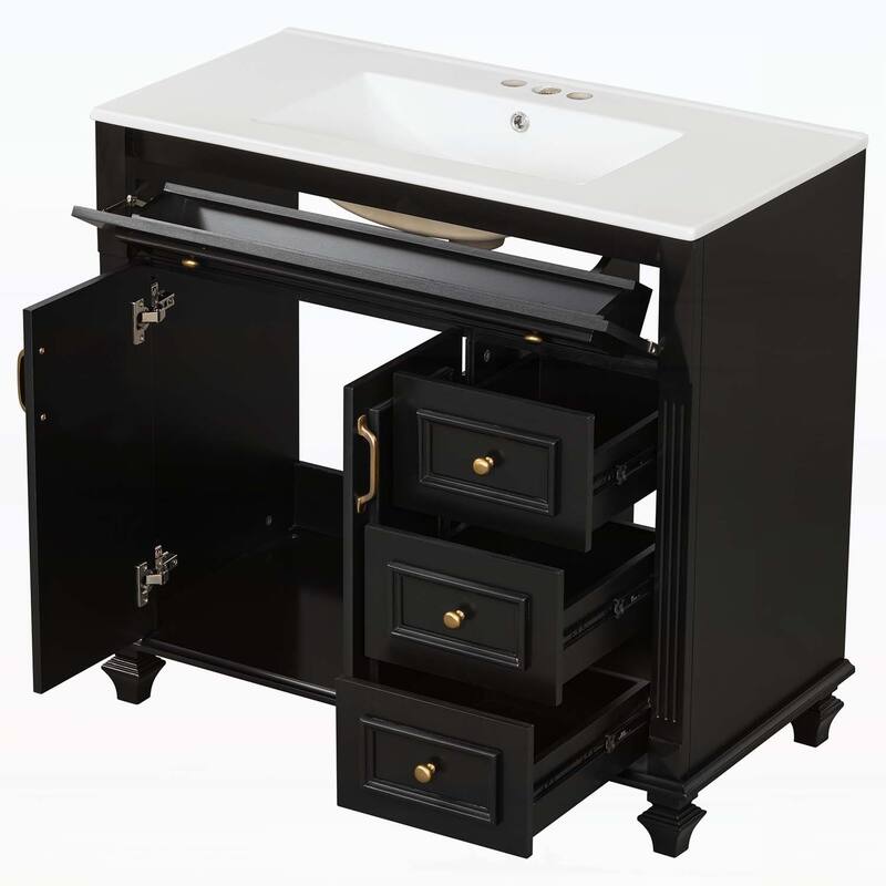Freestanding Vanity Set with Flip-Out Drawer,3 Drawers,2 Soft-Close Doors
