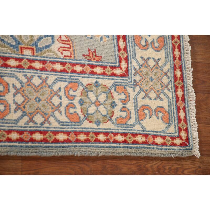 Geometric Kazak Oriental Accent Rug Hand-Knotted Blue Wool Carpet - 3'5"x 4'10"