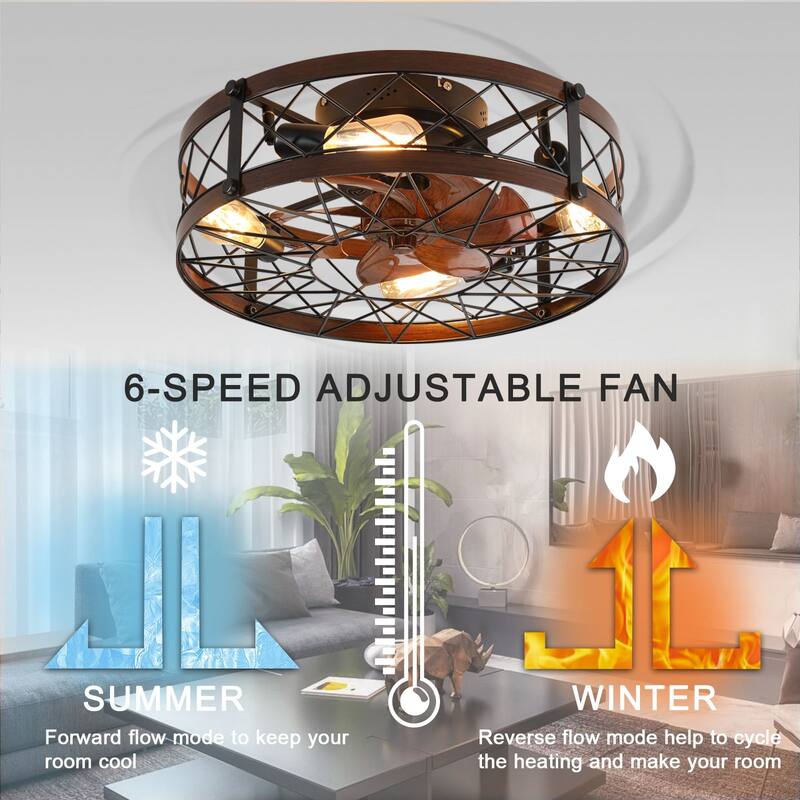Oaks Aura 20in.Modern Caged Low Profile Ceiling Fan with Light, Dual App Control Farmhouse Flush Mount Ceiling Fan with Remote