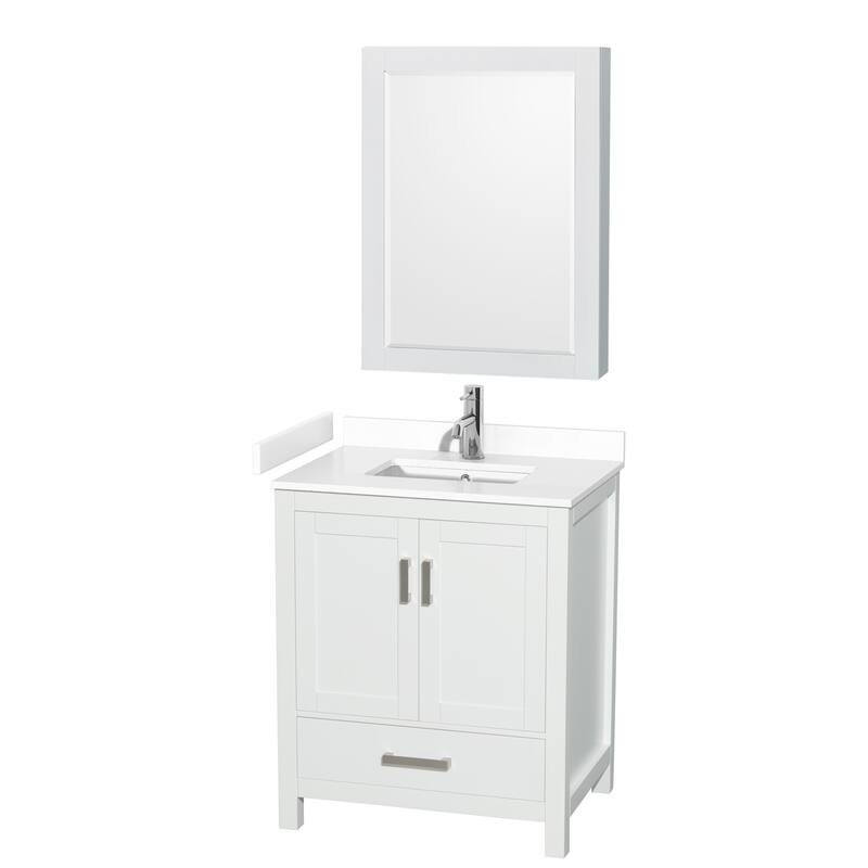 Sheffield Single Bathroom Vanity Set, Cultured Top, Medicine Cabinet - 30-Inch Single - White, White Cultured Marble Top, Chrome Trim