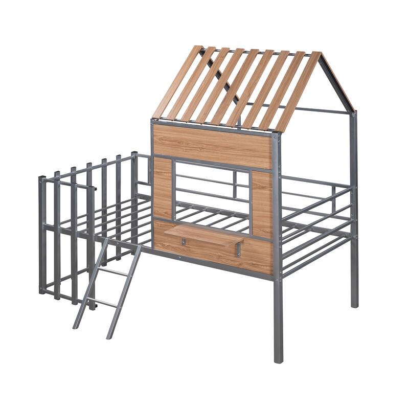 Twin House-Shaped Metal Loft Bed with Ladder, Guardrails, and Fun Roof Design