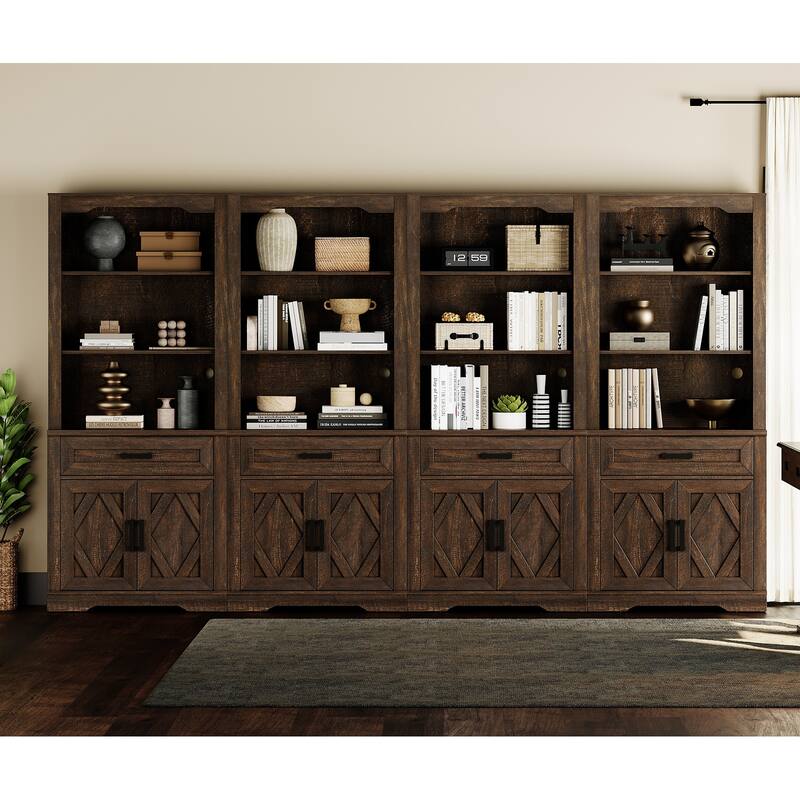 5 Tier 4-Column Bookshelf Set with Open Storage and Glass Doors - Rustic Brown - 4 Open Shelf