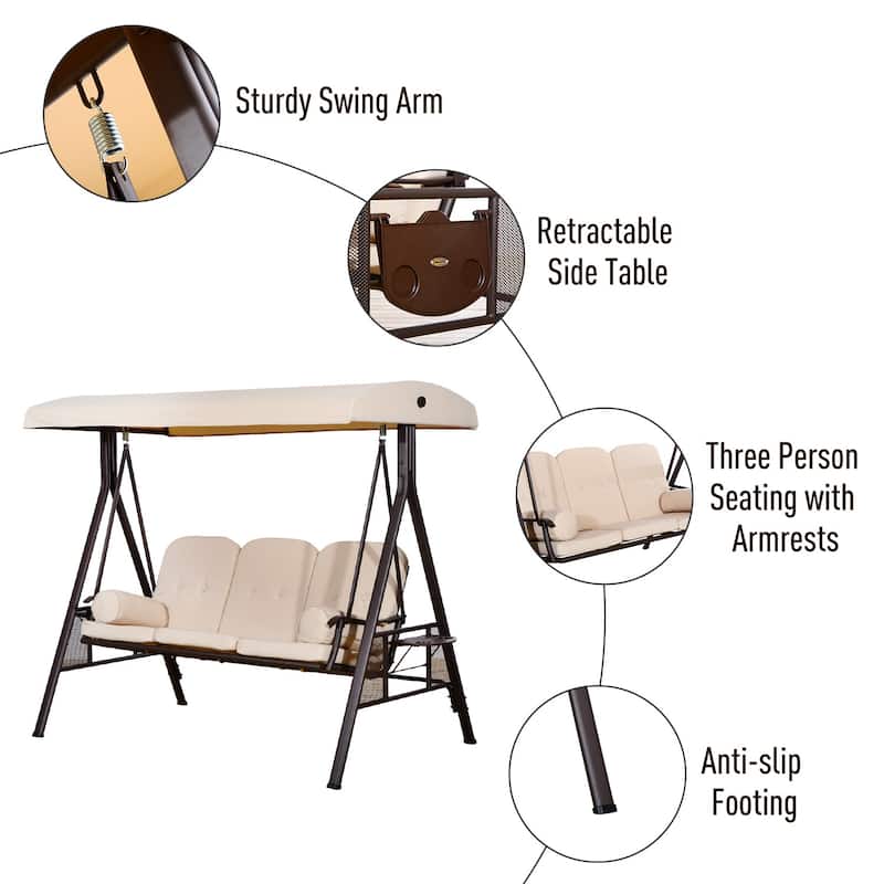 Outsunny Outdoor Patio 3-Person Canopy Cushioned Seat Bench Swing with Included Side Trays & Padded Comfort