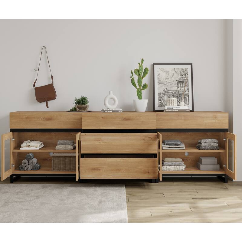 WAMPAT 3 in 1 Multifunctional Dresser with Glass Doors and 5 Drawers, Modern Chest of Drawers for Bedroom