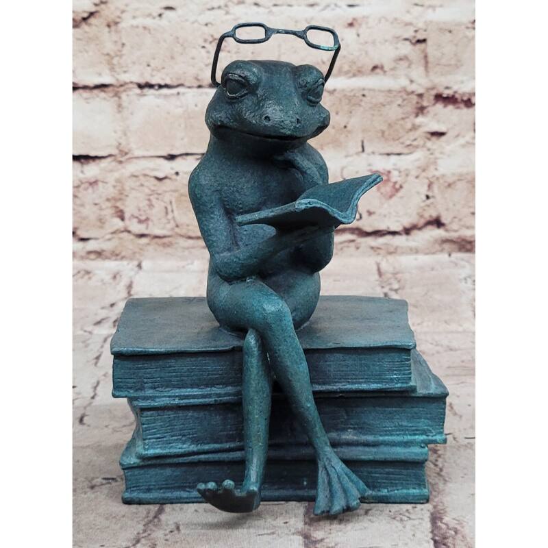 Frog Reading A Book Bronze Metal Sculpture Statue Decor Signed Art