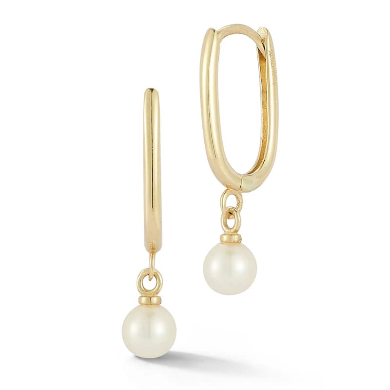 Soleil 14K Gold Pearl Charm Oval Huggie Hoop Earrings - Yellow