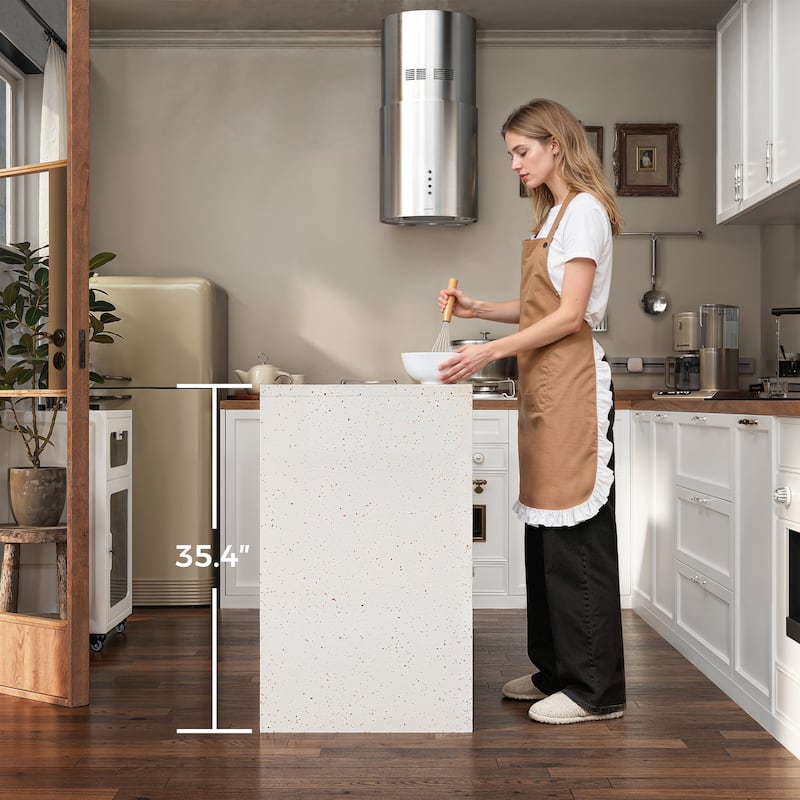 Modern Kitchen Island with Pull-Out Faux Marble Top, White Storage Cabinet with Large Capacity Shelves Kitchen Dining Table