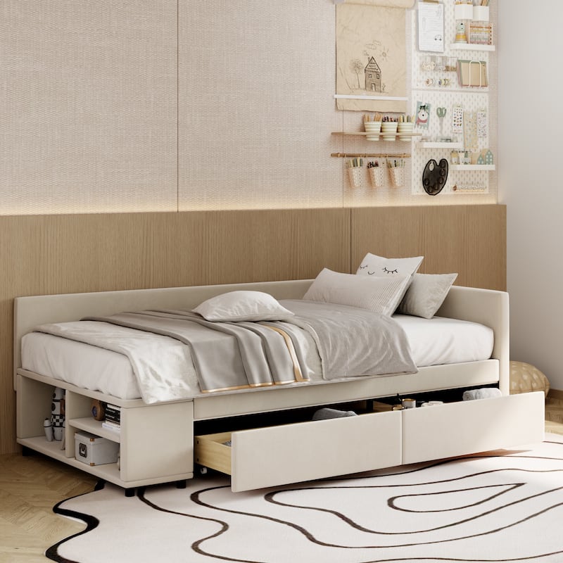 L-Shaped Twin Size Upholstered Platform Bed with Storage Drawers, Beige - Beige