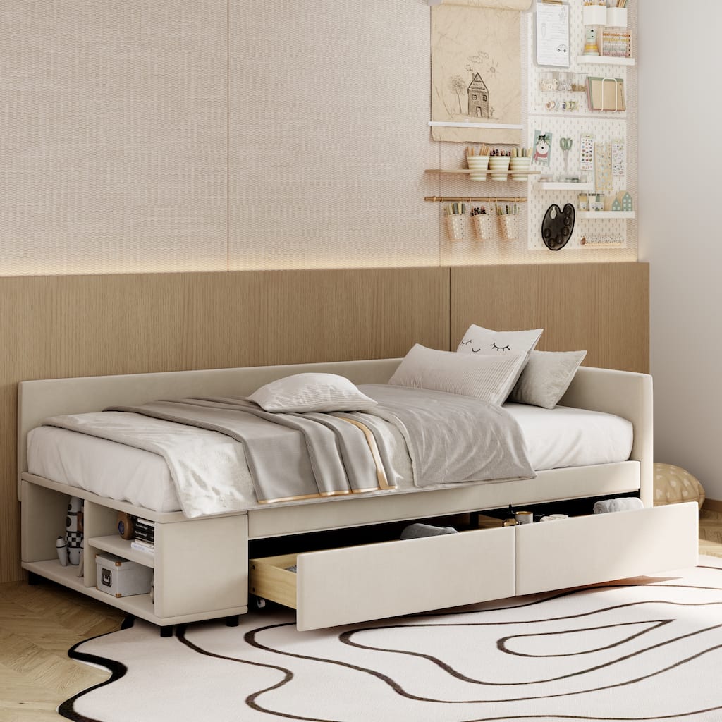 L-Shaped Twin Size Upholstered Platform Bed with Storage Drawers, Beige