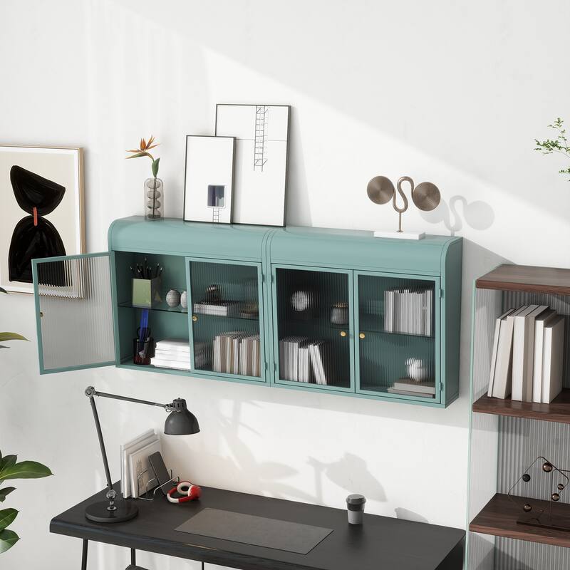 Bathroom Wall Cabinet with Fluted Glass Doors, Kitchen Storage Cabinet with Adjustable Glass Shelves