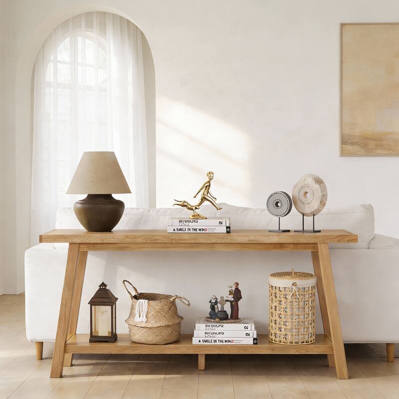 59" Solid Oak Wood Entryway Console Table Sofa Table with 2-Tier Storage - 59"L x 13.8"W x 30"H