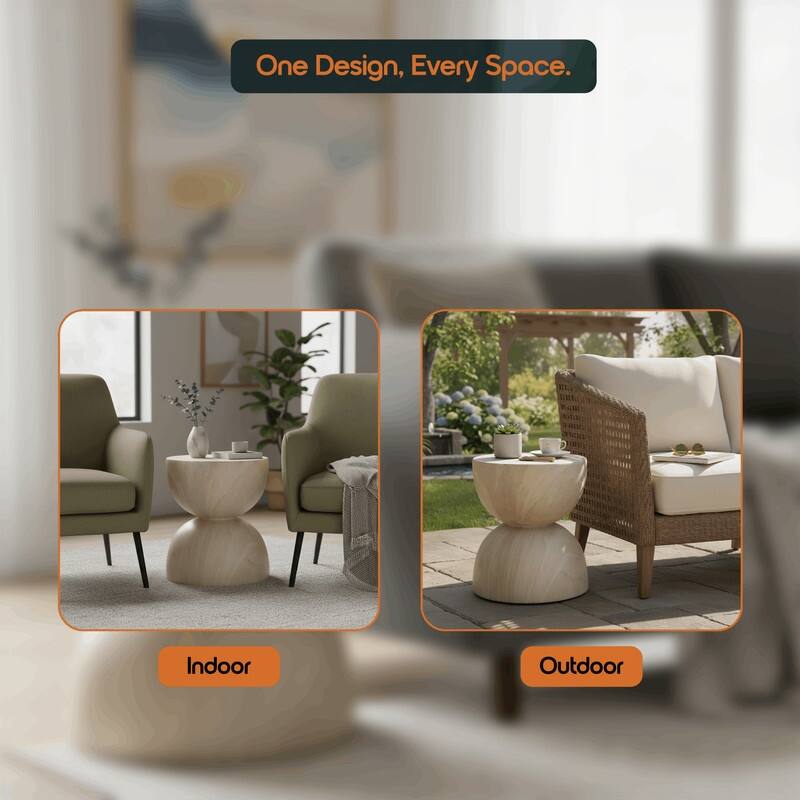 Sage 16-Inch Round Side Table in Fiberstone for Indoor and Outdoor Modern Weather Resistant End Table Hourglass Design