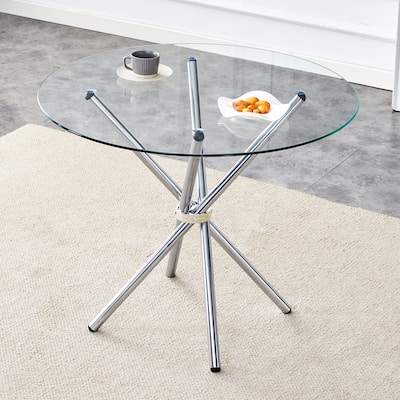 Roomfitters Clear Glass Dining Table for 4-6 with Ring-Shaped Silver Metal Legs for Kitchen or Work Space