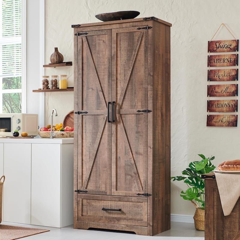 Farmhouse Kitchen Pantry Cabinet, Wood Storage Cabinets - Light Brown