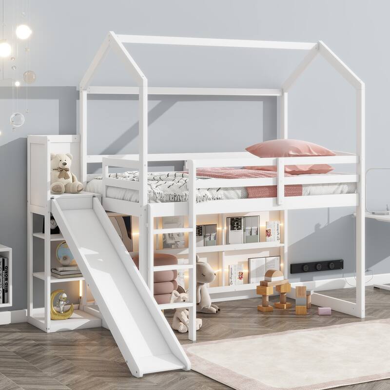 Twin Size Wood Loft Bed with Slide, Storage Shelves, and Light in White - White