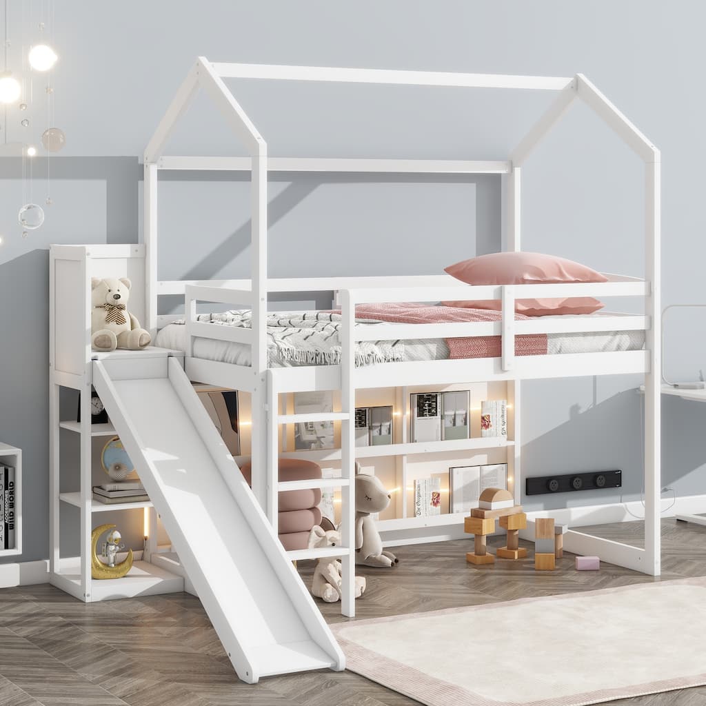 Twin Size Wood Loft Bed with Slide, Storage Shelves, and Light in White