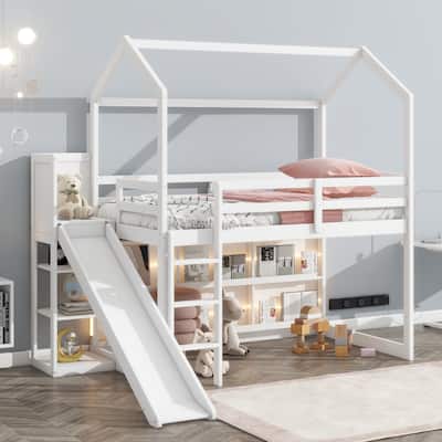 Twin Wood House Loft Bed with Slide