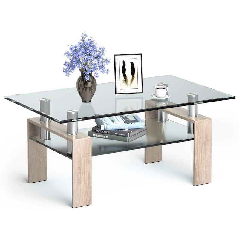 Costway Rectangle Glass Coffee Table Metal Legs End Table Livingroom