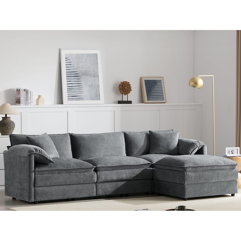 Chenille Modular Sectional Sofa, L Shaped Upholstered Cloud Couch Set, Oversized 4 Seat Sofa with Movable Ottoman