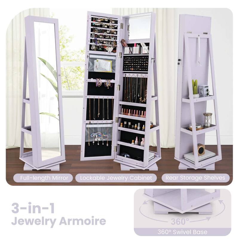 Costway 360degree Rotatable Jewelry Cabinet 2-in-1 Lockable Mirrored - See Details