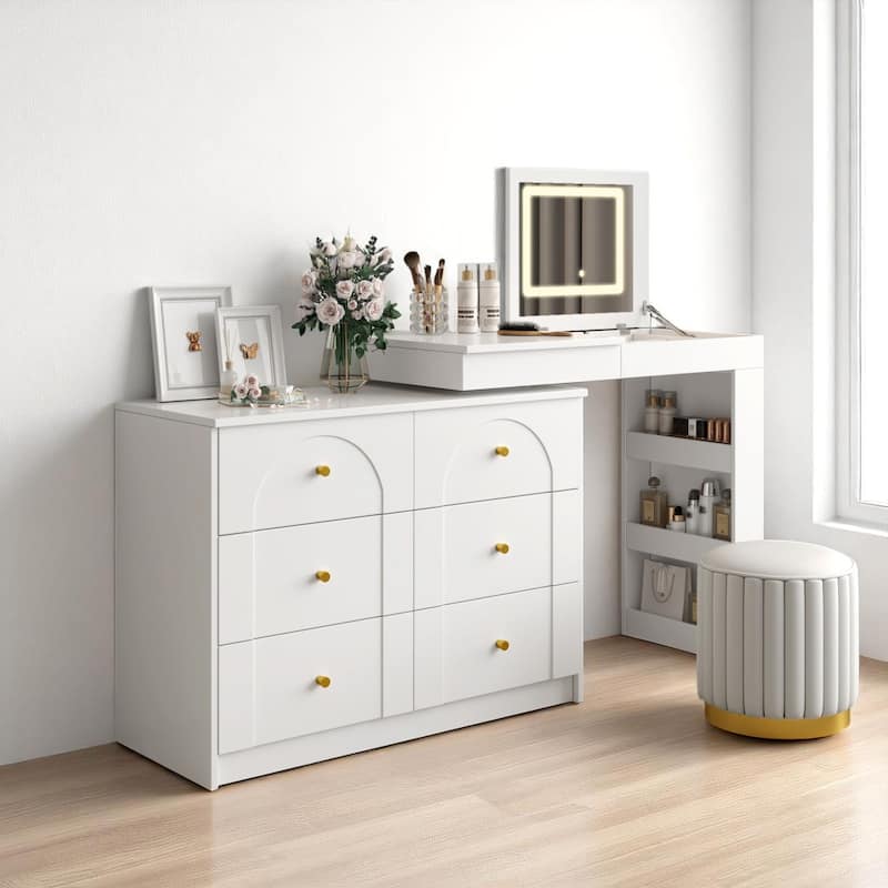 Makeup Vanity Table with Mirror and Lights, 3-Mode LED, 7 Storage Drawers and Adjustable Flip-Top for Bedroom Use - White