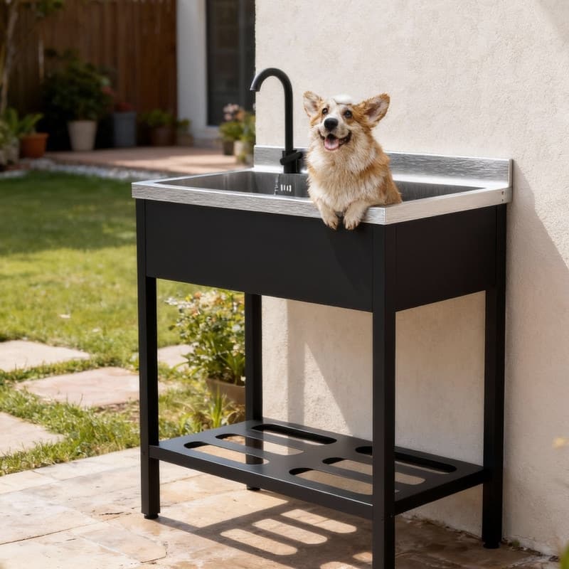 41.7 In. Freestanding Stainless Steel Utility Sink With Towel Rack And Storage Shelf