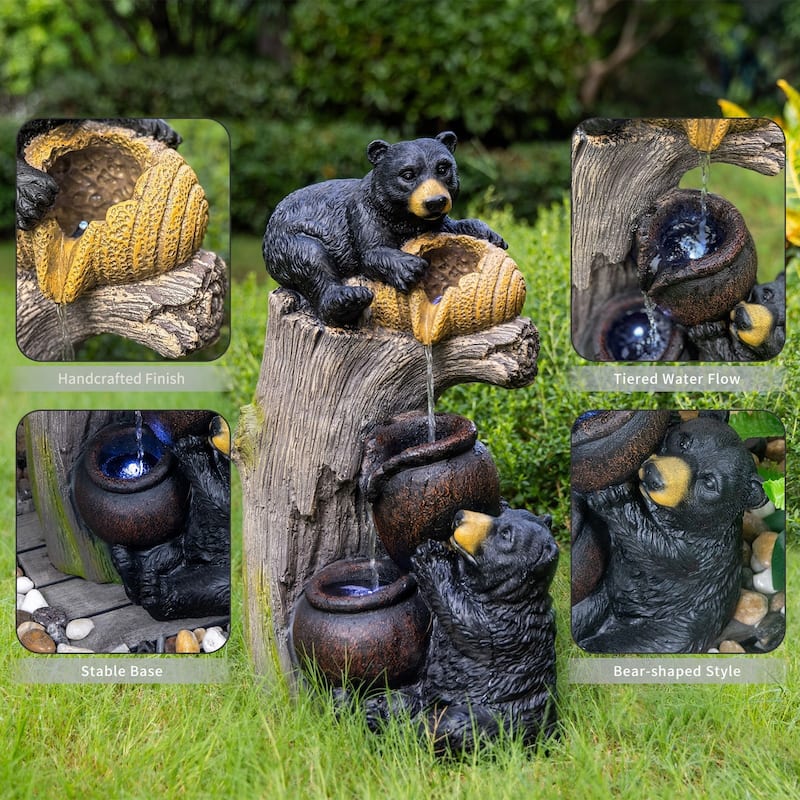 23.62 Inch Bear Outdoor Water Fountain with LED Lights Cascading Resin Garden Water Feature - N/A
