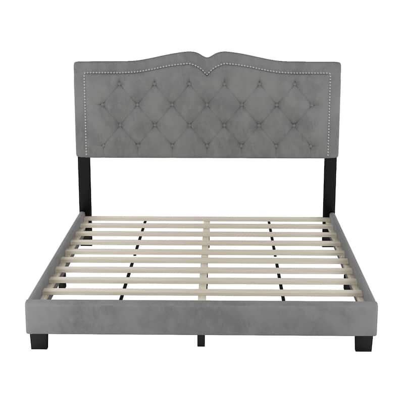Modern Upholstered Bed Frame with Rivet Design and Tufted Headboard