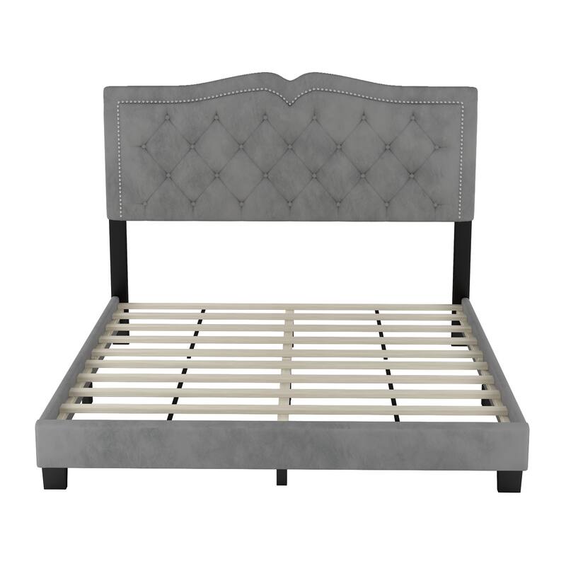 Queen/Full Size Upholstered Bed Frame with Rivet Design, Modern Velvet Platform Bed with Tufted Headboard