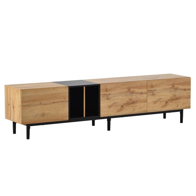 3 Doors Wood TV Stand for 80" TV, Rectangle Media Console Table with Open Storage, Entertainment Center with 3 Cabinet