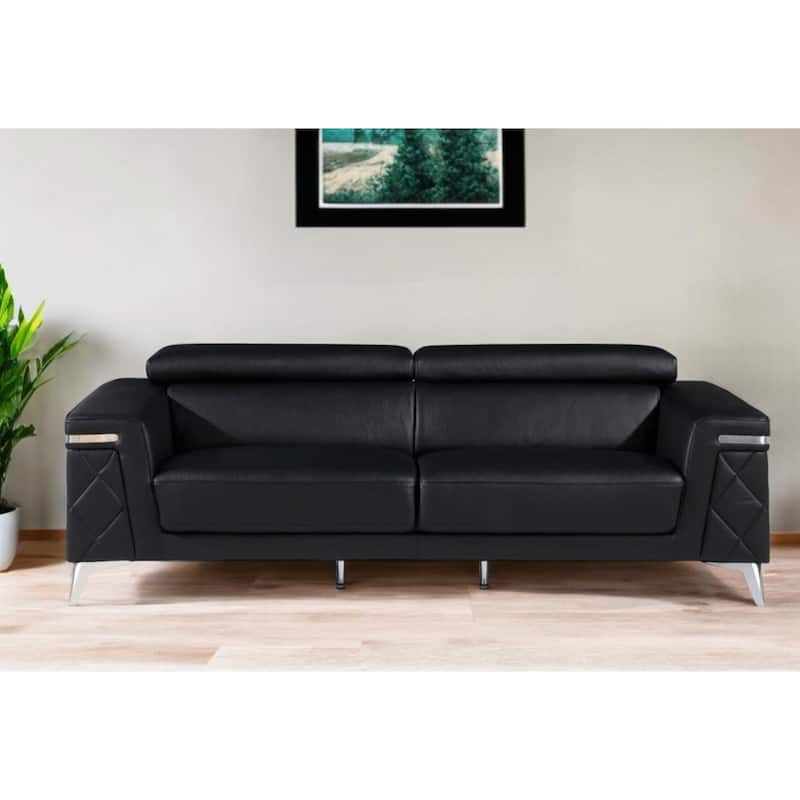 HomeRoots 89" Black Italian Leather Sofa With Silver Legs - 89