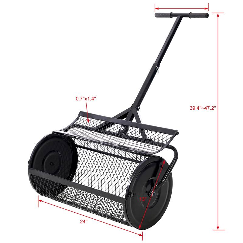 24" Black Peat Moss Spreader, Metal Mesh T-Handle for Lawn and Garden