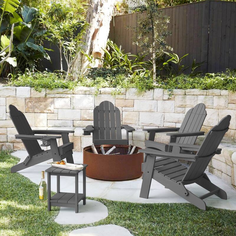 Foldable HDPS Plastic Weather Resistant Outdoor Patio Folding Adirondack Chairs With Cup Holder Set of 4 - 35"D x 30"W x 36.2"H - Dark Grey