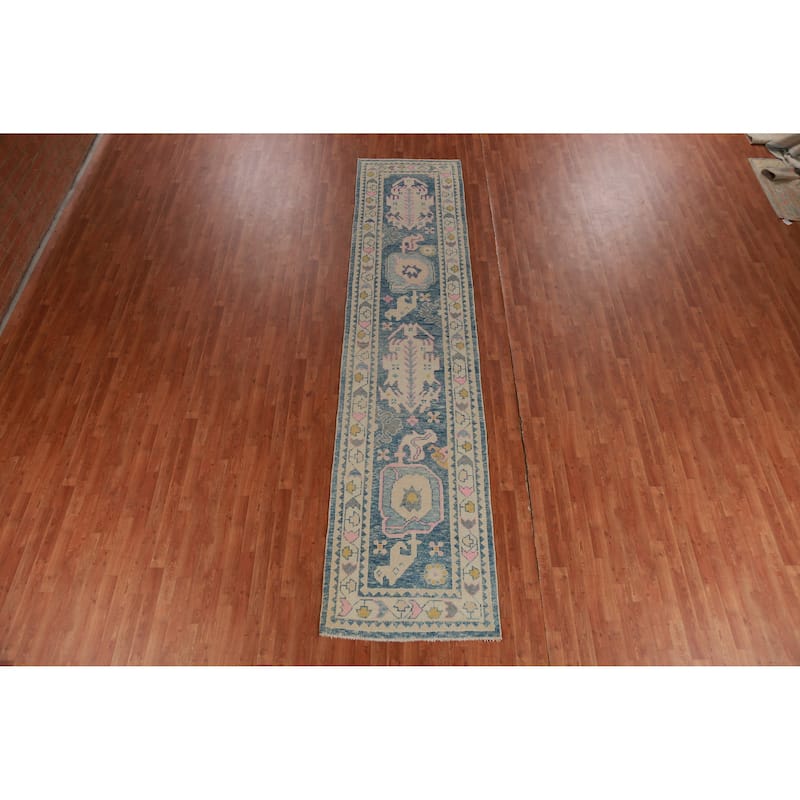 Hand Knotted Oriental 100% Wool Carpet Transitional Geometric Navy Blue & Blues Oushak Runner Rug - 13' 10'' X 3' 2''