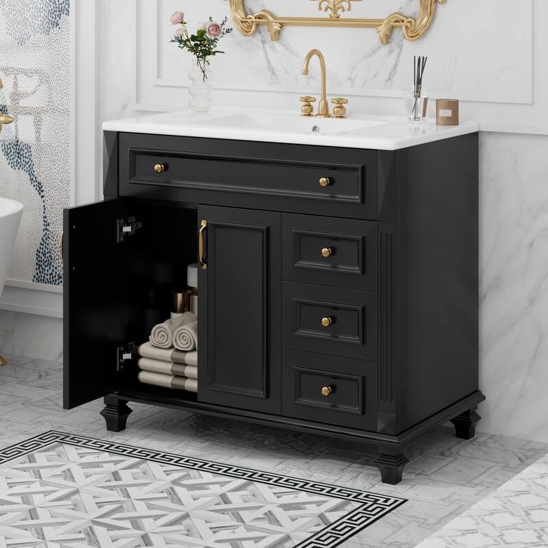 36" Bathroom Vanity with Sink, Storage Vanity Cabinet with Flip-Out Drawer, 3 Drawers, 2 Soft-Close Doors and Gold Handles