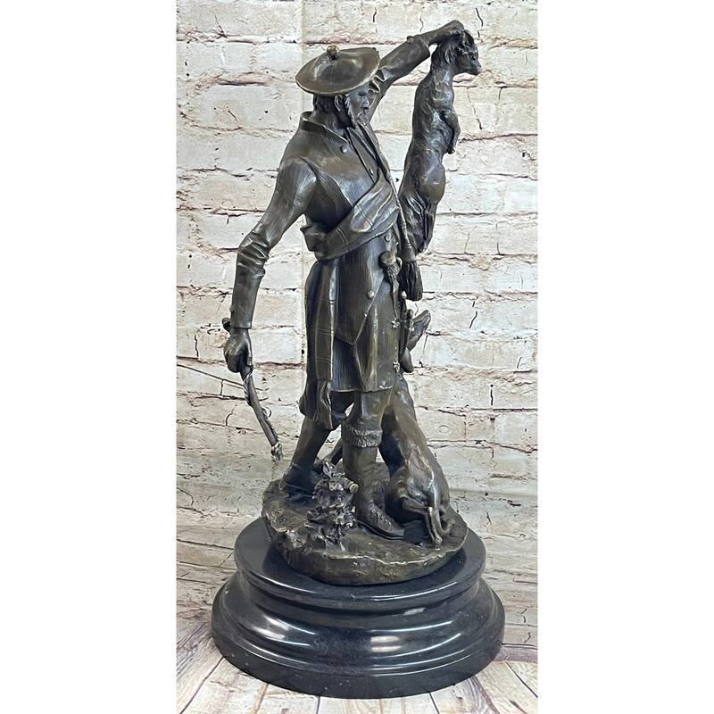 Scottish Hunter W/ Imitative Dog Bronze Statue Sculpture Figure Marble Base Signed Original 22 Inches X 11.5 Inches