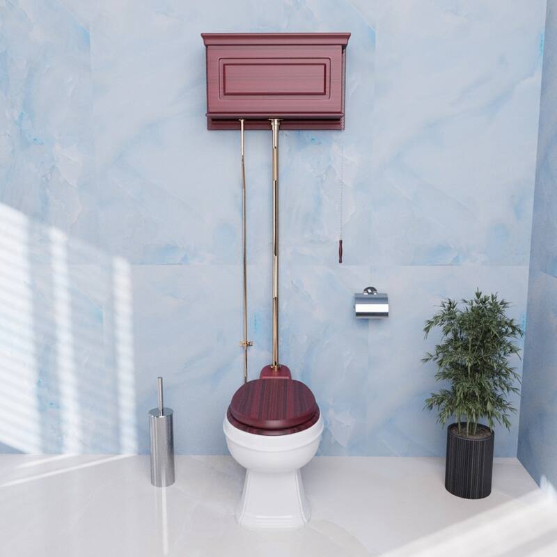 High Tank Toilet - Cherry Wooden Raised Tank, Elongated White Bowl and Brass Z Pipe Renovators Supply