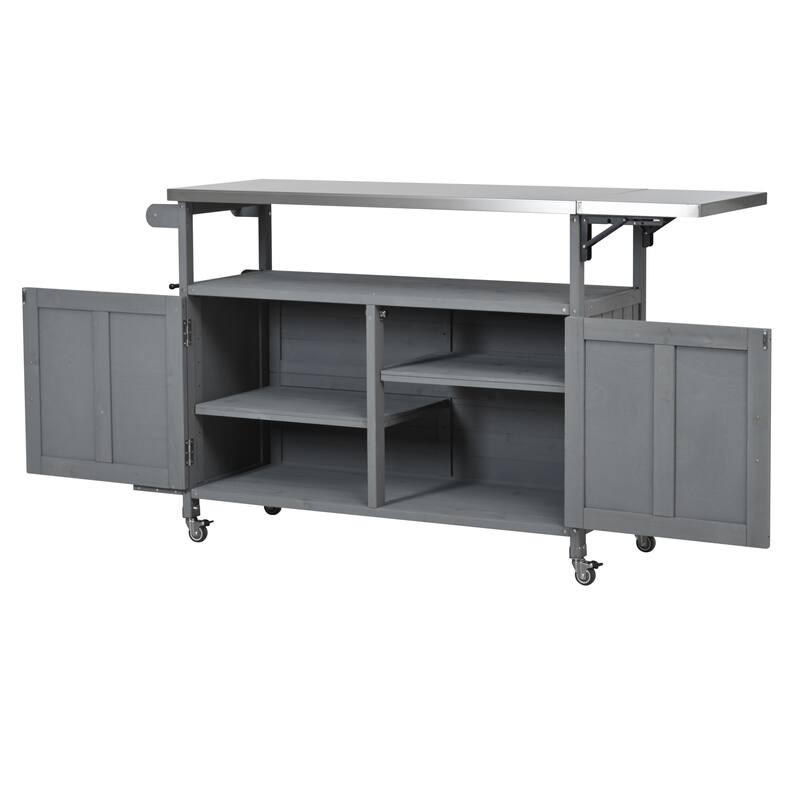 Foldable Outdoor Mobile Portable Kitchen Island Cart with Lockable Wheels, Storage Cabinet and Towel Rack