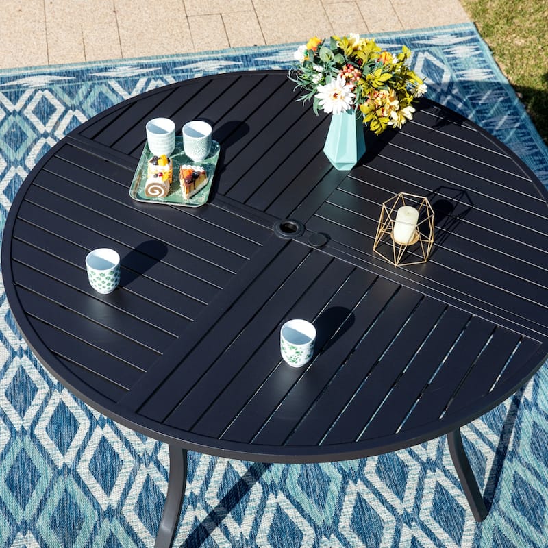 MAISON ARTS 7-Piece Patio Dining Set , Large Round Dining Table with Umbrella Hole & Metal Swivel Dining Chairs