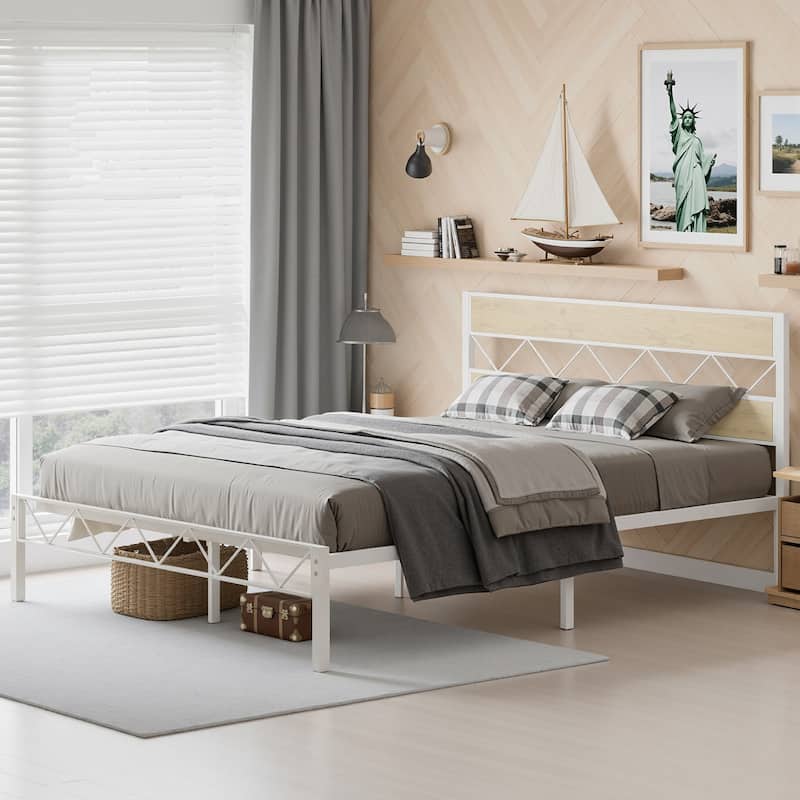 VECELO Vintage Metal Platform Bed Frame with Wood Headboard, Storage Bed, Noise-Free, No Box Spring Needed, Twin/Full/Queen Size