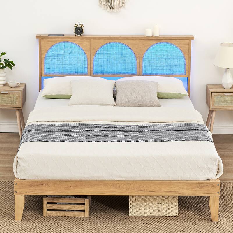 Full Bed Frame with Natural Rattan Headboard