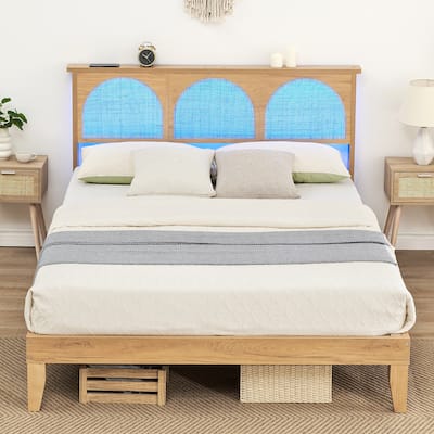 Full Bed Frame with Natural Rattan Headboard