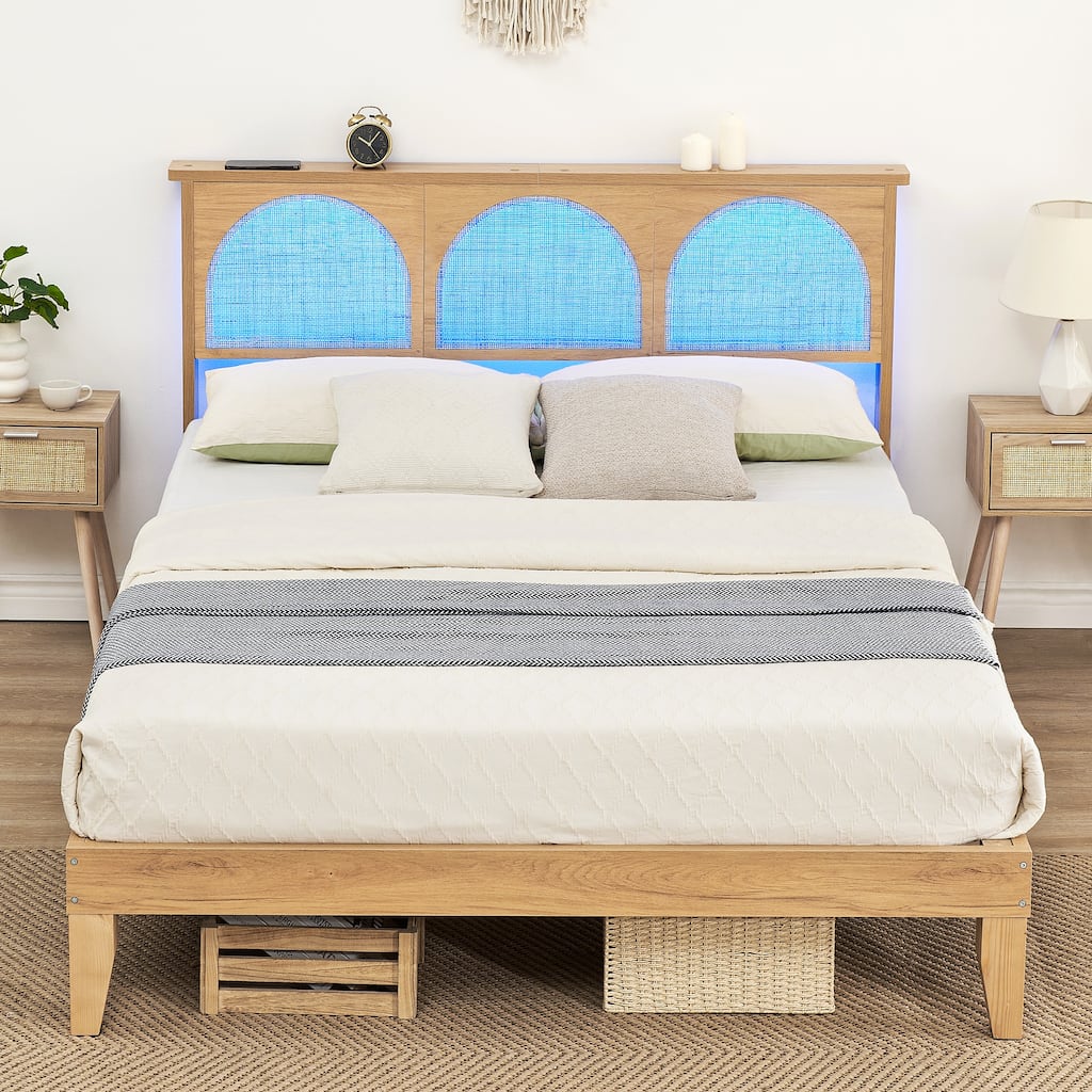 Full Bed Frame with Natural Rattan Headboard